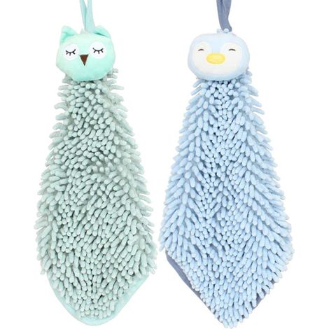 Lot de 2 serviettes suspendues en chenille douce et moelleuse, ornées de jolis motifs de hibou et de pingouin. (1/5)