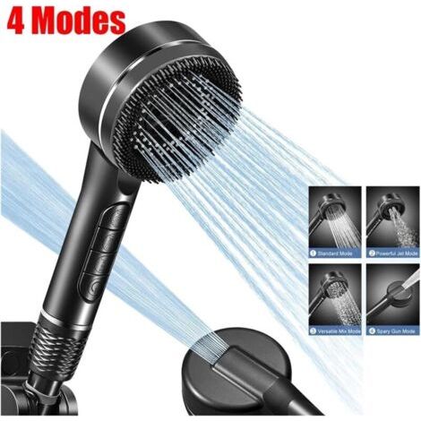 QORVA-Tête de Douche Manuelle Pressurisée 4 Modes, avec Brosses en Silicone et Filtur, Flexible Renforcé, Pour un Confort Ultime (Noir)