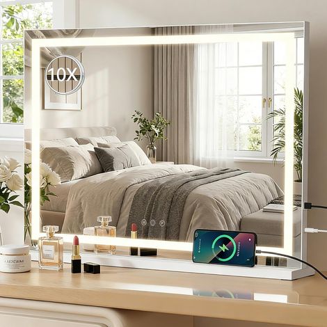 Grand Miroir Coiffeuse de Maquillage LED 80 x 56 cm, 3 Couleurs, Charge USB, Luminosité Réglable, Miroir Lumineux de Table Cosmétique, Grossissant 10x, Blanc (1/5)