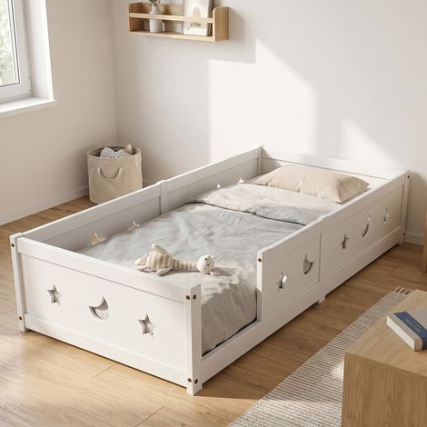 Lit simple 90x200 cm, lit enfant, lit au sol Montessori avec barrière et sommier, Motif étoile et lune, bois, Blanc