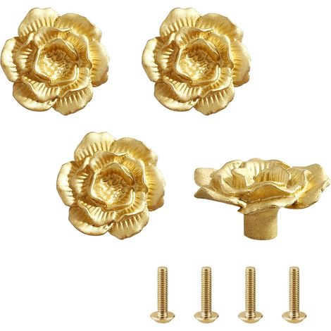 Poignées En Laiton Monotrou Forme De Fleurs Vintage Dorées Avec Vis De Fixation Pour Armoires Commodes Et Buffets (1/4)