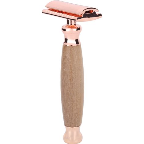 Rasoir pour homme avec manche en bois, portable, double tranchant, tondeuse à barbe et poils du corps, or rose (1/5)