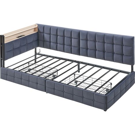 Cama capitoné 90 x 200 cm gris con 2 cajones, LED y puertos USB Tipo C (1/5)