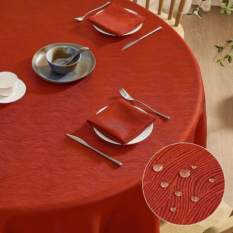 Nappe ronde 140 cm rouille lavable jacquard motif vagues pour extérieur et fête