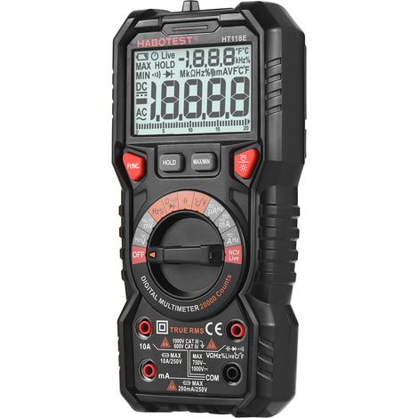 HABOTEST HT118E Multimètre digital auto gamme 20k counts True RMS mesure volt amp ohm capacité fréquence température continuité duty max/min test live NCV diode écran rétro torche (1/4)