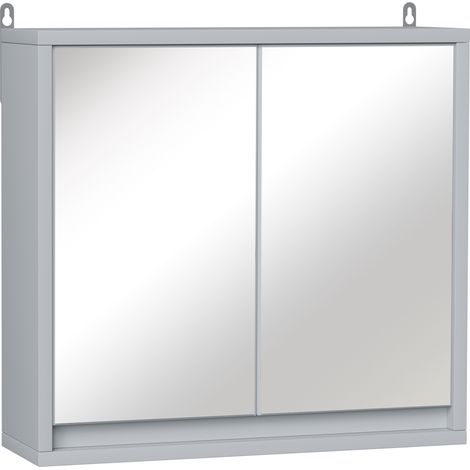Armoire de toilette avec miroir 2 portes, étagère bois réglable, 48x14,5x45 cm, grise