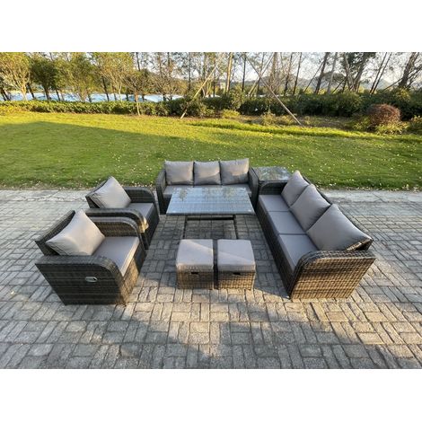 Fimous 10 places Ensemble de canapés en rotin Table & Fauteuil avec Canapé 3 places Table à manger rectangulaire Table d'appoint 2 Petits tabourets Gris foncé mixte (1/5)