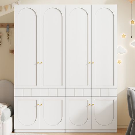 Armoire à deux portes, armoire laquée, armoire avec penderie et tiroirs, mobilier de chambre, poignées en métal, ensemble armoire blanche (deux pièces) (1/5)