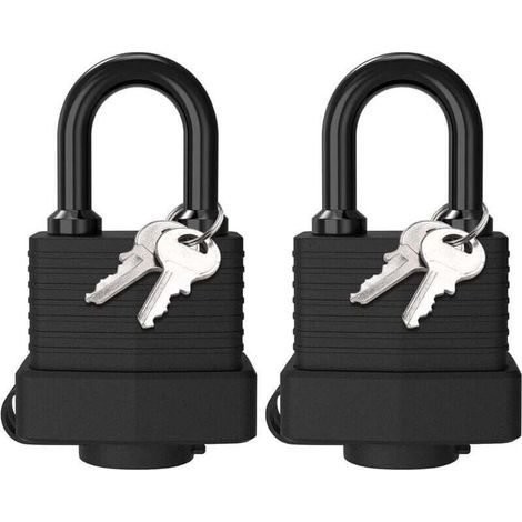 Deux cadenas en laiton étanches, cadenas en acier laminé résistant aux intempéries pour l'extérieur, quatre clés, adaptés aux casiers, salles de sport, garages, clôtures, noirs. (1/4)