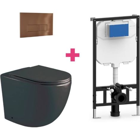 PACK inodoro suspendido cerámica GENOVA negro mate con cisterna y pulsador Cobre rectangular