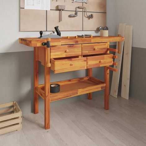 Établi d'atelier en bois massif avec 2 étaux, 4 tiroirs et étagère, 124 x 52 x 83 cm - PANGIVO (1/5)