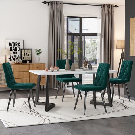 Set Tavolo 117x68 cm + 4 Sedie Velluto Verde, Top MDF Effetto Marmo, Piedi Metallo Nero (1/5)