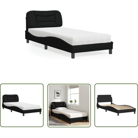 The Living Store Lit avec matelas noir 90x200 cm tissu - Lit Double - Lit Plateforme - Literie - Sommier Tapissier - Meuble Chambre (1/5)