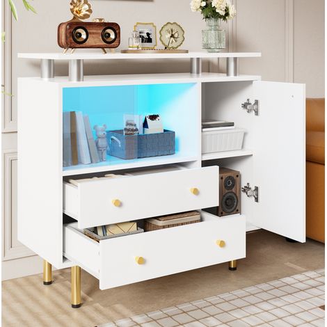 LED-Sideboard mit 2 Schiebetüren aus Glas, 2 Schubladen und 1 Tür, weiß HAVRYA (1/5)