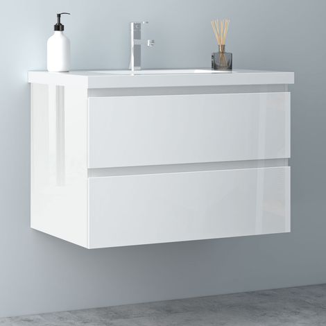 800mm Gloss White Bathroom Vanity Unit With Wash Basin Ceramic Sink, 2 Soft-Close Drawers for Storage,Storage Furniture Under Basin Cabinet, Wall Hung Cabinets (1/5)