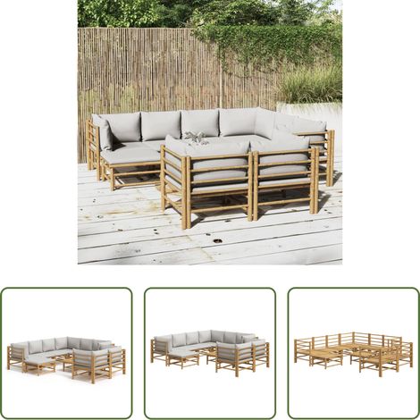 Bambusmöbel - 10-tlg. Garten-Lounge-Set mit Hellgrauen Kissen Bambus (1/5)