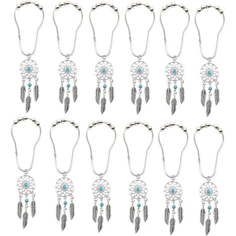 Lot de 12 crochets décoratifs pour rideau de douche, anneaux de rideau en acier inoxydable antirouille avec pendentif attrape-rêves, décoration de salle de bain (1/5)