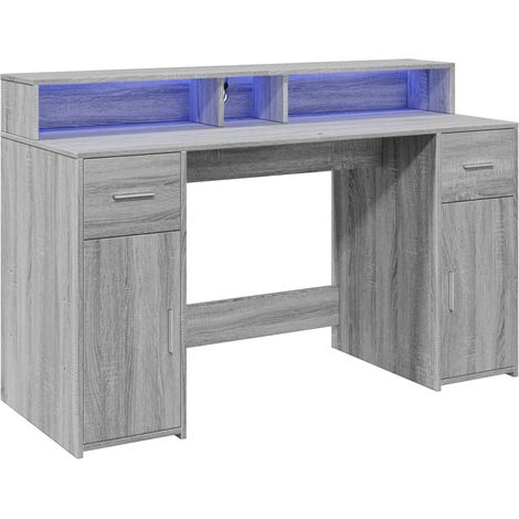Escritorio mesa puesto de trabajo mueble de ordenador mueble de estudio y luces LED Sonoma 140 x 55 x 91 cm madera de ingeniería gris 020023807 (1/5)