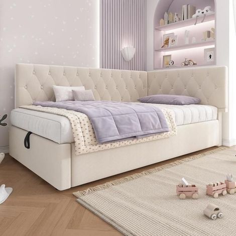 Lit jour enfant - KOMHTOM - L-forme - Velours beige - Rangement hydraulique - Sommier lattes bois inclus (1/5)