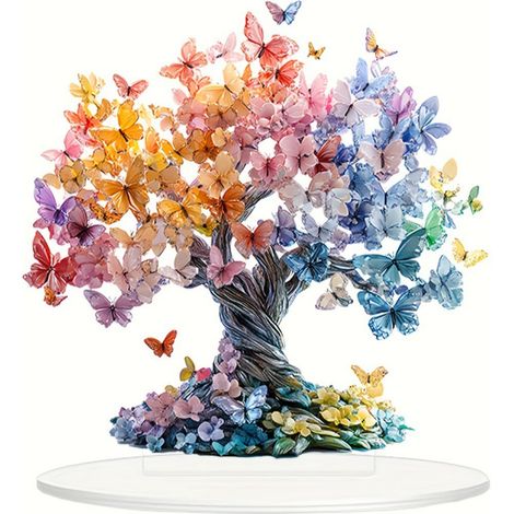 [Decoración de escritorio] Árbol de la vida acrílico 2D con mariposa, amuleto de la suerte para el Día de San Valentín, dimensiones 20,3 x 20 cm, regalo festivo para el hogar. (1/5)