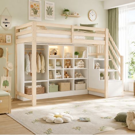Letto a soppalco 90x200 cm bianco e legno naturale in legno con armadio, ripiani e LED (1/5)