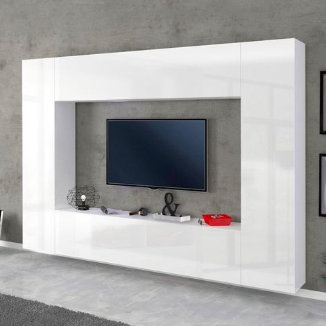 Mueble de TV de madera blanca para montaje en pared Manny WH con estantería y 2 armarios. (1/5)