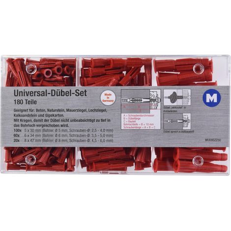 Metafranc Set universali, 180 Pezzi, Ø 5/6/8 mm, Made in Germany, per fissaggi in Materiali da Costruzione pieni e Cavi, Multiuso, tasselli di espansione, Tre Ali, 952250, Rosso (1/4)
