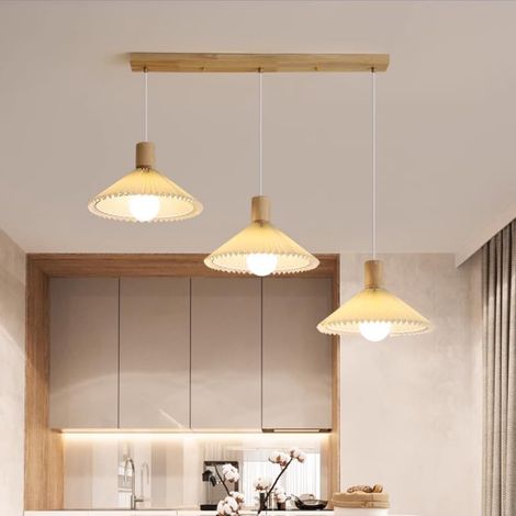 Suspension Luminaire en Bois, 3 Lumières Lampe Suspension Rétro E27 Avec Abat-jour en Tissu, Plafonnier Blanc pour Salle à Manger Chambre Salon Couloirs (Sans Ampoule) (1/5)