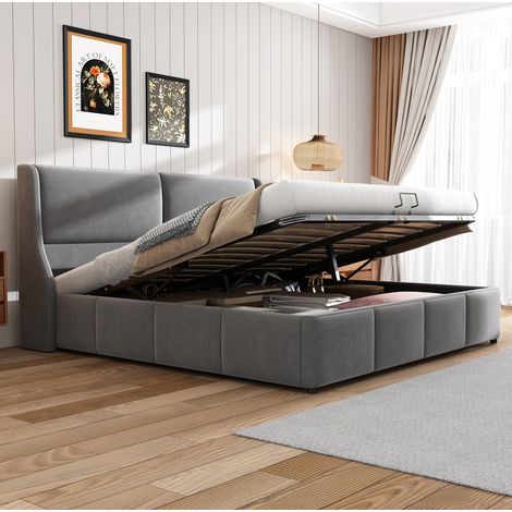 Cama doble tapizada estilo clásico-moderno 180x200 cm en terciopelo gris con cabecero de orejas, somier y arcón (1/5)