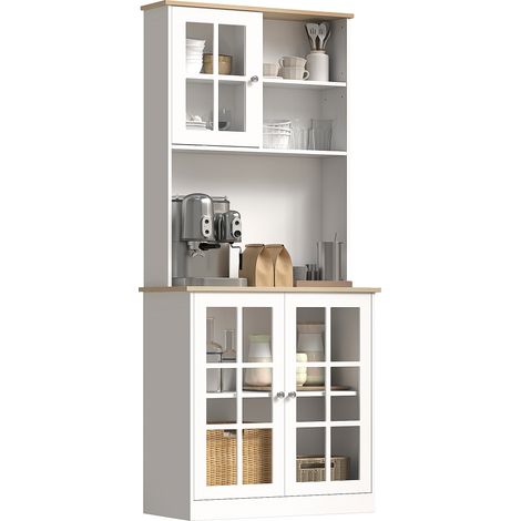 HOMCOM Küchenbuffet, hoher Küchenschrank mit Arbeitsplatte, 3 Glastüren, 2 Nischen und verstellbaren Einlegeböden, 80 x 37 x 183 cm, Weißeiche