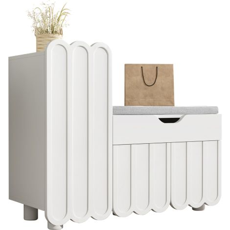 Armoire à chaussures 3 Portes Tiroir Assise Rembourrée Moderne Blanc