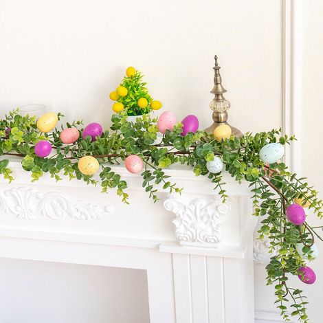 Guirlande En Rotin - Décor De Pâques Avec Feuilles Vertes Et Œufs Artificiels - Pour Porte D'Entrée, Cheminée Ou Intérieur/Extérieur - 1 Pièce (1/5)