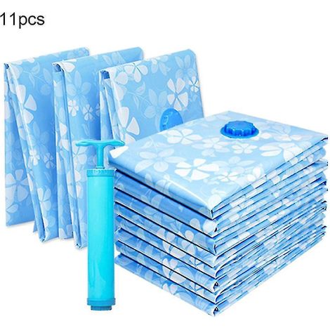 Set mit 11 wiederverwendbaren Vakuumbeuteln inklusive Handpumpe zum Komprimieren von Kleidung und Kissen – Blau