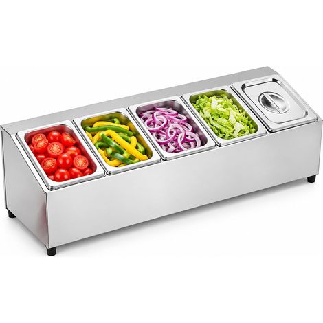 Relaxdays Contenitori ingredienti, per pizza, 5 scomparti, HxLxP: 21,5x86x22,5 cm, GN 1/6, acciaio inox, argento (1/5)