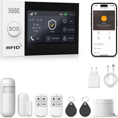 Sistema di allarme domestico wireless 4G GSM/WiFi, kit di sicurezza per la casa, allarme per porte e finestre da 8 pezzi con app, sirena da 120 dB, telecomando, compatibile con Alexa (Wi-Fi a 2,4 GHz)