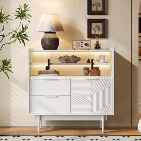 Buffet de rangement salle de bain avec bandeau lumineux LED et porte vitrée - Meuble design 80x35x80 cm de large, Blanc (1/5)
