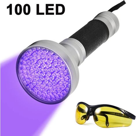 Lampe torche argentée à 100 LED violettes + lunettes de protection