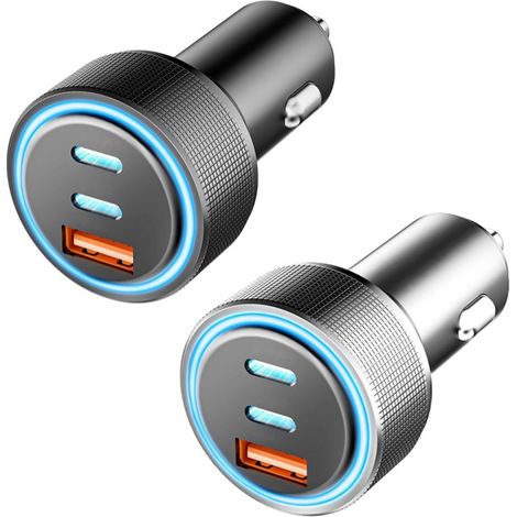 Cargador USB C de 67 W para encendedor de coche, adaptador de 3 puertos USB C/A, carga rápida de 12 V para iPhone 16/16e/15/14/13/Pro Max/16e, Samsung Galaxy S24/S23/S22, Pixel 9/8 (paquete de 2)