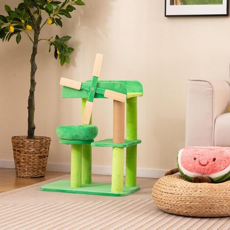 GOPLUS Arbre à Chat en Forme de Moulin à Vent, Arbre Chat Design avec Griffoirs, Plateforme Ronde Rembourrée, Large Perchoir Supérieur, Arbre de Grimpe pour Chat d'Intérieur