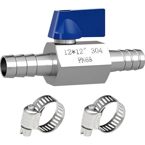 Robinet à boisseau sphérique 12 mm avec ardillon, robinet à boisseau sphérique en acier inoxydable 304, 12 mm, vanne d'arrêt, joint pagode, mini valves à boisseau sphérique avec 2 colliers de serrage (1/5)