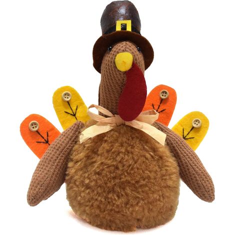Dinde En Peluche - Décoration De Table Intérieure Pour L'Automne Et La Fête De L'Action De Grâce - Avec Chapeau De Pèlerin Et Plumes - 1 Pièce (1/5)
