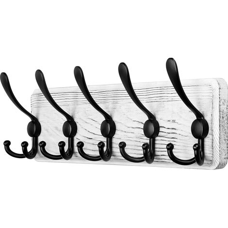 Porte Manteau Mural Bois Blanc, Le Style Rustique, 44cm Longue,Grand Porte-manteau Mural avec 5 Crochets Triples Pour suspendre sac à dos, veste, chapeau (1/5)