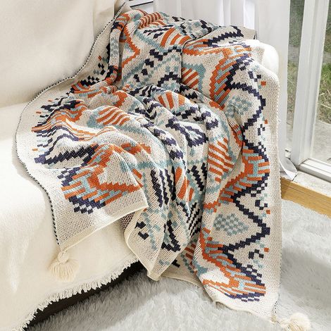 Plaid tricoté style bohème, motif Ukulélé, 80 x 100 cm, version premium (1/2)