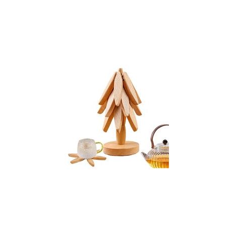 Dessous de plat en bois de hêtre résistant à la chaleur – Pliable en forme d'arbre – 20 cm de diamètre – Nettoyage facile (1/5)