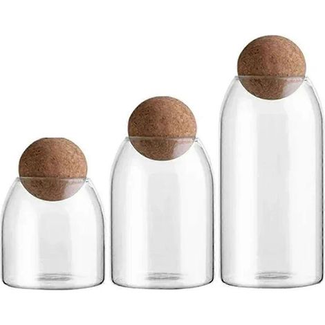 Bocal de rangement en verre transparent avec couvercle en liège, bouteille de stockage hermétique, boîte à thé, céréales, café, décoration, lot de 3 (1/5)
