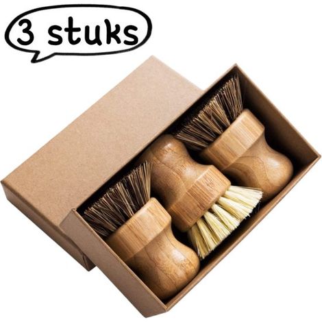 Lot de 3 brosses de cuisine en bambou – Fibres de sisal et palmier – Brosses rondes pour vaisselle, casseroles et nettoyage écologique (1/5)