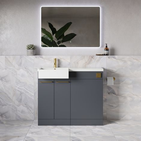Napoli 250 Gloss Grey 1000mm 2 Door Vanity Unit Toilet Suite with Left Hand Square Rico Semi Recessed Basin - 1000mm - Brushed Brass 160mm HandleWithout Kingston Toilet Pan