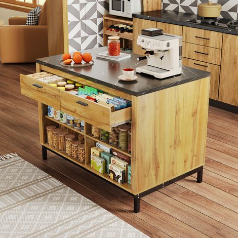 Isla de cocina 120×75×90 cm con encimera efecto mármol, 2 cajones y 4 estantes abiertos (1/5)