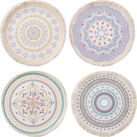 Juego de 4 posavasos redondos, de algodón tejido, con estampado de mandala, borlas, absorbentes de agua, resistentes al calor, para salón/cocina. (1/5)