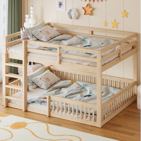 Lit enfant superposé 160x200 cm avec barrières, pin et MDF, naturel DESVIAE (1/5)